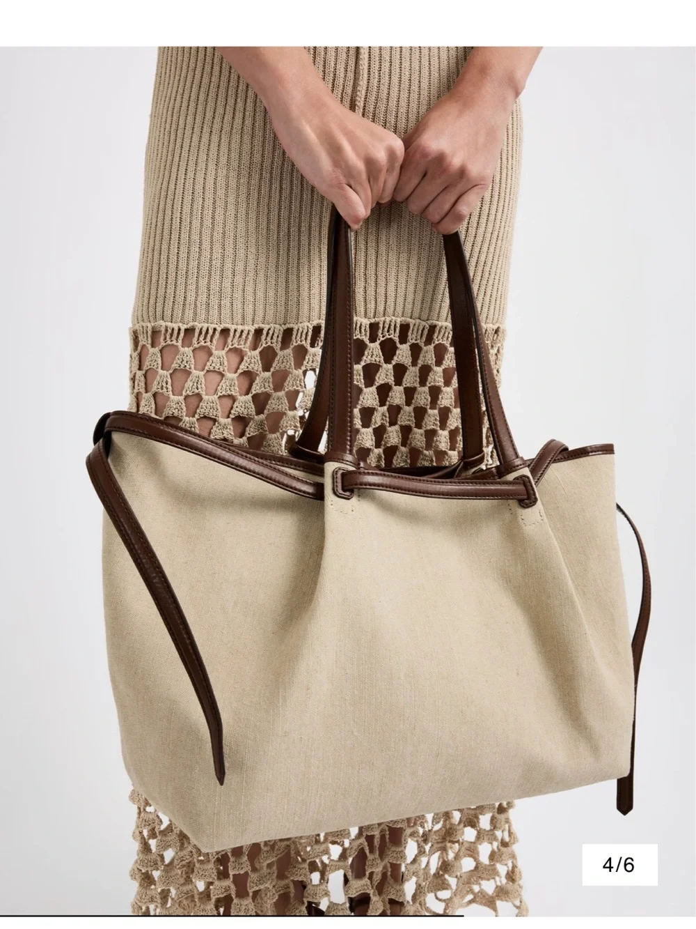 Janessa Leone Cream Canvas Tote with Brown Leather Trim